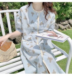 Blue Cartoon Print Summer Nightgown Women Bear Plaid Sleepwear Knee-Length Cotton Kawaii Night Dress Kawaii Homewear $44.25 -...