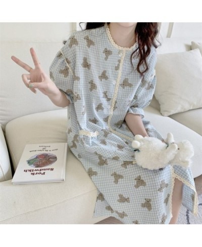 Blue Cartoon Print Summer Nightgown Women Bear Plaid Sleepwear Knee-Length Cotton Kawaii Night Dress Kawaii Homewear $44.25 -...