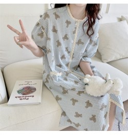 Blue Cartoon Print Summer Nightgown Women Bear Plaid Sleepwear Knee-Length Cotton Kawaii Night Dress Kawaii Homewear $44.25 -...