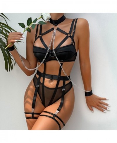 Bondage Lingerie Halter Sexy Porn Underwear With Chain Ring Linked Erotic Costumes Fetish Sissy Teddy 4-Piece Sex Suit $31.73...