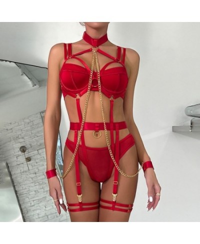 Bondage Lingerie Halter Sexy Porn Underwear With Chain Ring Linked Erotic Costumes Fetish Sissy Teddy 4-Piece Sex Suit $31.73...