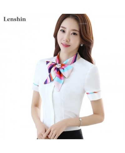 Women Bow Tie Blouse Fashion Spring short Sleeve blusa Tops Chinese Style Female Office ruffle Shirts Elegant Design Work Wea...