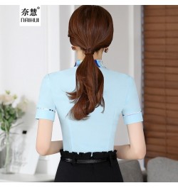 Women Bow Tie Blouse Fashion Spring short Sleeve blusa Tops Chinese Style Female Office ruffle Shirts Elegant Design Work Wea...