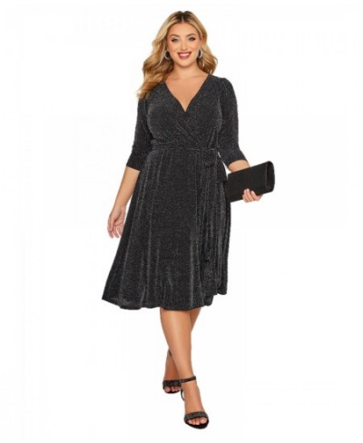 Plus Size Elegant Spring Autumn Wrap Dress Women Long Sleeve Black Glitter Cocktail Party Dress Formal Evening Night Out Dres...