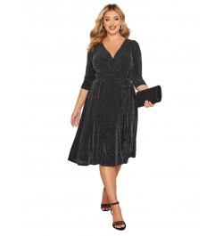 Plus Size Elegant Spring Autumn Wrap Dress Women Long Sleeve Black Glitter Cocktail Party Dress Formal Evening Night Out Dres...