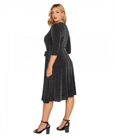 Plus Size Elegant Spring Autumn Wrap Dress Women Long Sleeve Black Glitter Cocktail Party Dress Formal Evening Night Out Dres...