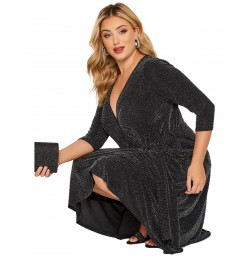 Plus Size Elegant Spring Autumn Wrap Dress Women Long Sleeve Black Glitter Cocktail Party Dress Formal Evening Night Out Dres...