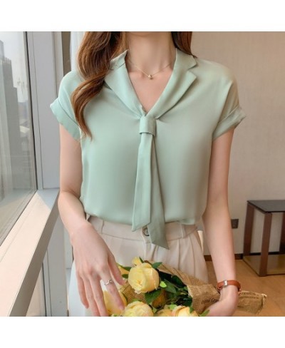 2022 Summer Korean Style Trendy Streamer V-neck Shirt Tie Collar Short Sleeve Solid Color Blouse Office Lady Shirt for Women ...