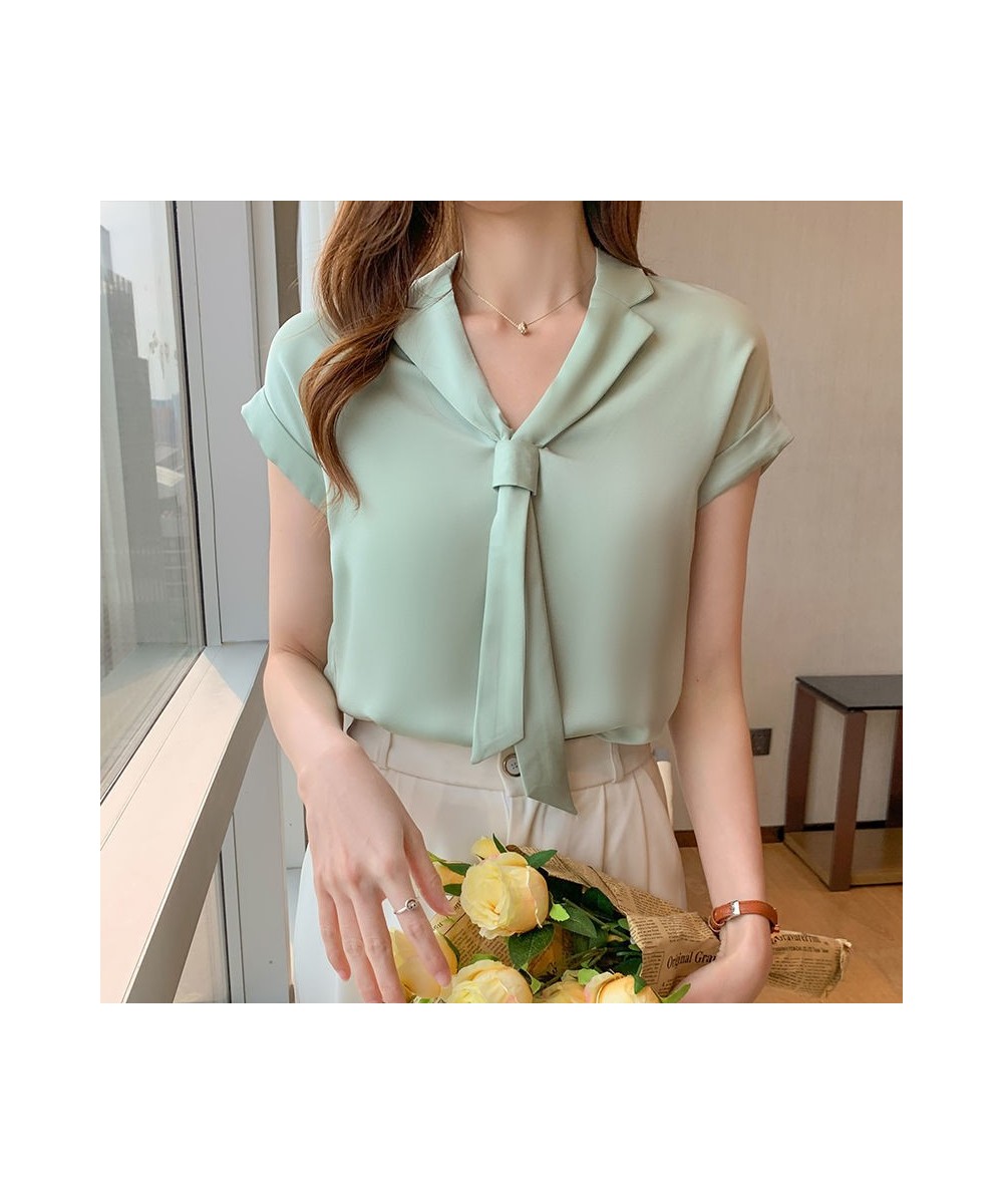 2022 Summer Korean Style Trendy Streamer V-neck Shirt Tie Collar Short Sleeve Solid Color Blouse Office Lady Shirt for Women ...