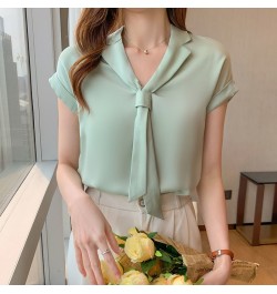 2022 Summer Korean Style Trendy Streamer V-neck Shirt Tie Collar Short Sleeve Solid Color Blouse Office Lady Shirt for Women ...