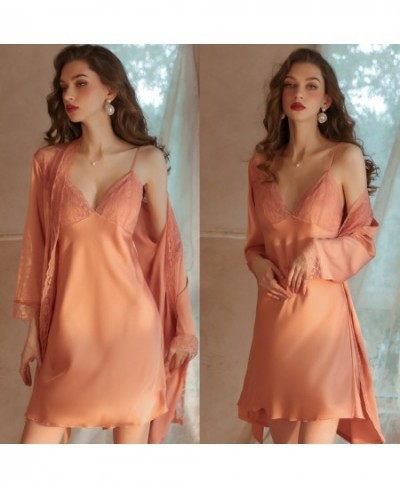 Women Silk Pajamas Set Sexy Nighty Dress Fall Nightgowns Lace Nightwear Women's Pajamas Night Long Robe Sexy Lace Slip Dress ...