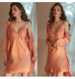 Women Silk Pajamas Set Sexy Nighty Dress Fall Nightgowns Lace Nightwear Women's Pajamas Night Long Robe Sexy Lace Slip Dress ...