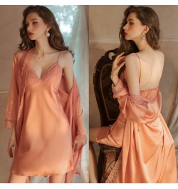 Women Silk Pajamas Set Sexy Nighty Dress Fall Nightgowns Lace Nightwear Women's Pajamas Night Long Robe Sexy Lace Slip Dress ...