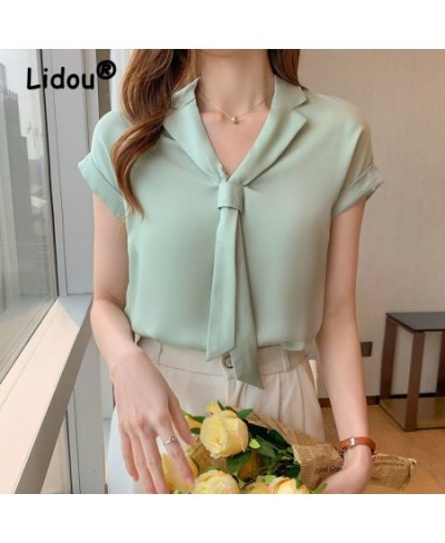 2022 Summer Korean Style Trendy Streamer V-neck Shirt Tie Collar Short Sleeve Solid Color Blouse Office Lady Shirt for Women ...