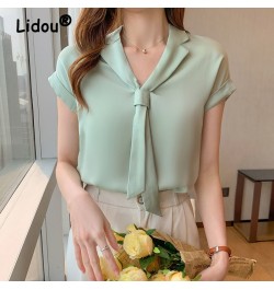 2022 Summer Korean Style Trendy Streamer V-neck Shirt Tie Collar Short Sleeve Solid Color Blouse Office Lady Shirt for Women ...