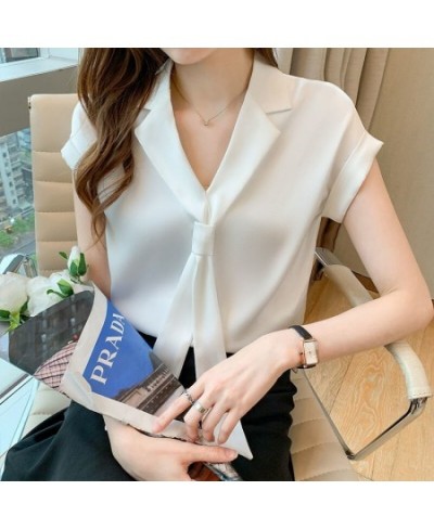 2022 Summer Korean Style Trendy Streamer V-neck Shirt Tie Collar Short Sleeve Solid Color Blouse Office Lady Shirt for Women ...