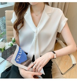 2022 Summer Korean Style Trendy Streamer V-neck Shirt Tie Collar Short Sleeve Solid Color Blouse Office Lady Shirt for Women ...