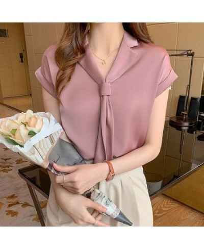 2022 Summer Korean Style Trendy Streamer V-neck Shirt Tie Collar Short Sleeve Solid Color Blouse Office Lady Shirt for Women ...