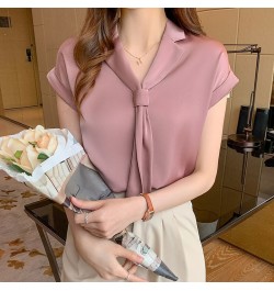 2022 Summer Korean Style Trendy Streamer V-neck Shirt Tie Collar Short Sleeve Solid Color Blouse Office Lady Shirt for Women ...