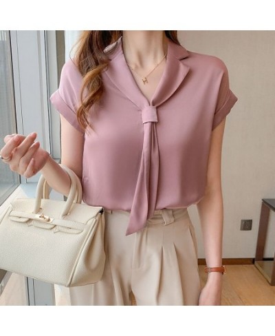 2022 Summer Korean Style Trendy Streamer V-neck Shirt Tie Collar Short Sleeve Solid Color Blouse Office Lady Shirt for Women ...