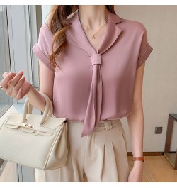 2022 Summer Korean Style Trendy Streamer V-neck Shirt Tie Collar Short Sleeve Solid Color Blouse Office Lady Shirt for Women ...