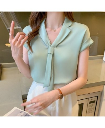 2022 Summer Korean Style Trendy Streamer V-neck Shirt Tie Collar Short Sleeve Solid Color Blouse Office Lady Shirt for Women ...