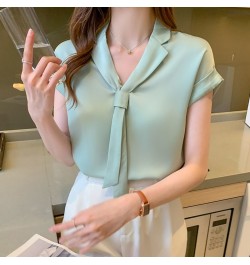 2022 Summer Korean Style Trendy Streamer V-neck Shirt Tie Collar Short Sleeve Solid Color Blouse Office Lady Shirt for Women ...