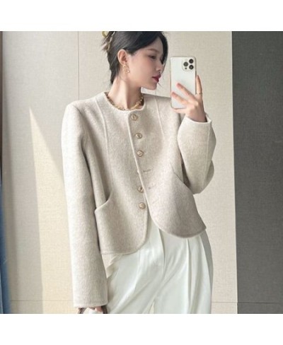 Cropped Blends Women O-neck Elegant Simple Winter Wool Coats Fashion Vintage Temperament Official Females Casual Chic All-mat...