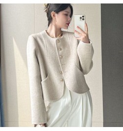 Cropped Blends Women O-neck Elegant Simple Winter Wool Coats Fashion Vintage Temperament Official Females Casual Chic All-mat...