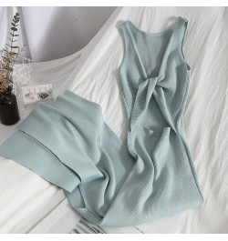 European Style Knitted Long Dresses Female Summer V Neck Sleeveless Kink Hollow Out Sexy Slim Bodycon Dress Split Vestidos $4...