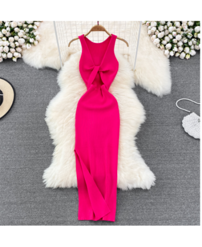 European Style Knitted Long Dresses Female Summer V Neck Sleeveless Kink Hollow Out Sexy Slim Bodycon Dress Split Vestidos $4...