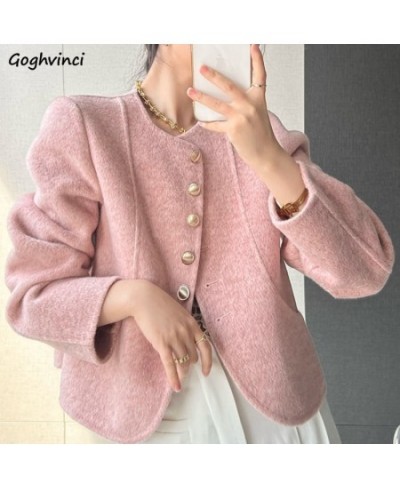 Cropped Blends Women O-neck Elegant Simple Winter Wool Coats Fashion Vintage Temperament Official Females Casual Chic All-mat...