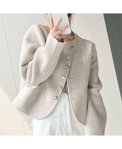 Cropped Blends Women O-neck Elegant Simple Winter Wool Coats Fashion Vintage Temperament Official Females Casual Chic All-mat...