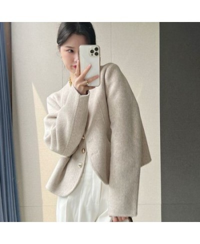 Cropped Blends Women O-neck Elegant Simple Winter Wool Coats Fashion Vintage Temperament Official Females Casual Chic All-mat...