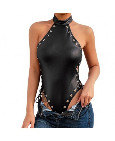 Fashion Punk Black Leather Hollwo Crop Tops Womens Camisole 2023 Summer Fashion Stretch Tees Slim Soft Leather Tank Tops $18....