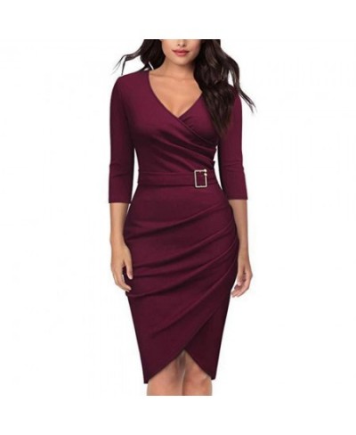 Solid Color Women V Neck 3/4 Sleeve High Waist Belted Irregular Pencil Dress $36.27 - Dresses