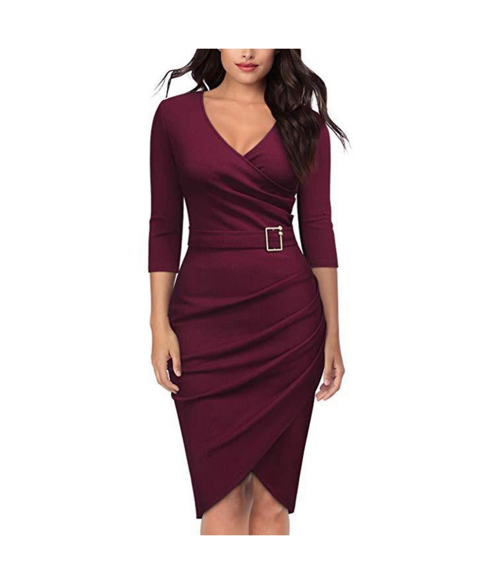 Solid Color Women V Neck 3/4 Sleeve High Waist Belted Irregular Pencil Dress $36.27 - Dresses