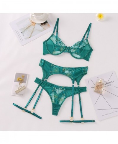 Set Woman 3 Pieces Sexy Love Lingerie Fancy Embroidery Underwear Lace Green Exotic Sensual Brief Sets with Garters $28.85 - U...