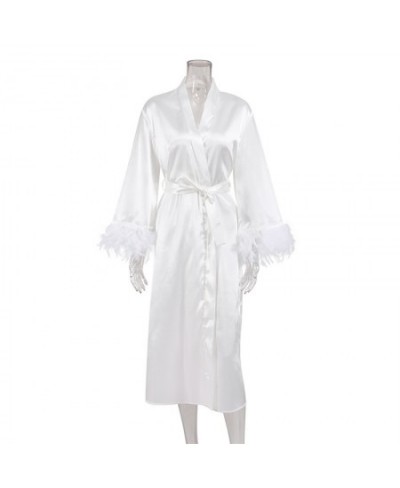 2023 Women's Satin Silk Sleepwear Feather Print Sleep Robe Sexy V Neck Full Sleeve Bathrobe with Sash Bridesmaid Gift $36.78 ...