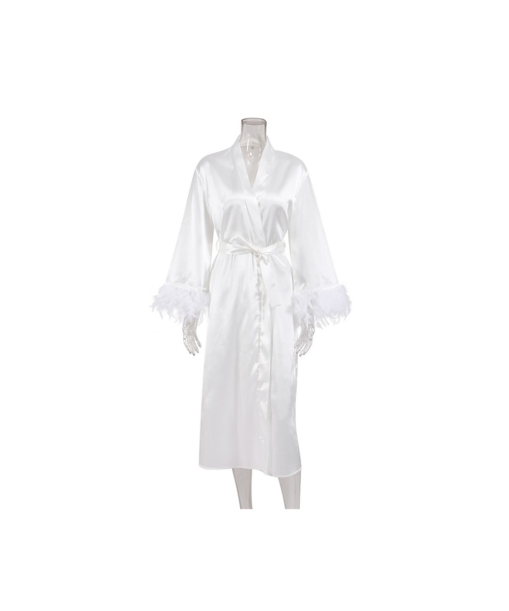 2023 Women's Satin Silk Sleepwear Feather Print Sleep Robe Sexy V Neck Full Sleeve Bathrobe with Sash Bridesmaid Gift $36.78 ...