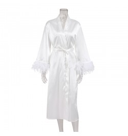 2023 Women's Satin Silk Sleepwear Feather Print Sleep Robe Sexy V Neck Full Sleeve Bathrobe with Sash Bridesmaid Gift $36.78 ...