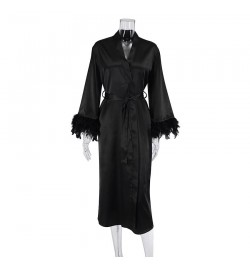 2023 Women's Satin Silk Sleepwear Feather Print Sleep Robe Sexy V Neck Full Sleeve Bathrobe with Sash Bridesmaid Gift $36.78 ...