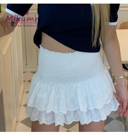Harajuku Girls Kawaii Skirts Women Summer White Cotton Lace Cake Skirt Y2k Aesthetic Elastic Waist Pleated Mini Shorts Skirts...