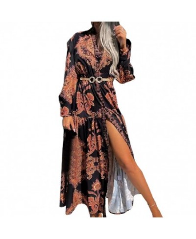 2022 Spring Summer Elegant Slit Chic Dress Fashion Retro Printed Casual V-Neck Party Dress Women Sexy Slim Maxi Dresses Robe ...