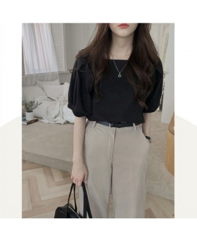 Blouse Women Ulzzang Fashion Simple Solid Basic Office Folds Elegant Puff Sleeve Square Collar Streetwear Retro Baggy Summer ...