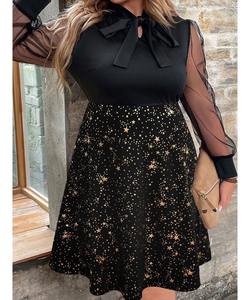 L-4XL Plus Size Mesh Sleeve Midi Dress Women Curvy Summer 2023 Star Floral Print Clothing A Line Bow Knot Elegant Party Dress...