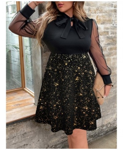 L-4XL Plus Size Mesh Sleeve Midi Dress Women Curvy Summer 2023 Star Floral Print Clothing A Line Bow Knot Elegant Party Dress...