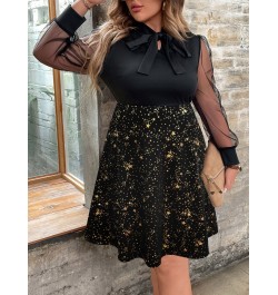 L-4XL Plus Size Mesh Sleeve Midi Dress Women Curvy Summer 2023 Star Floral Print Clothing A Line Bow Knot Elegant Party Dress...