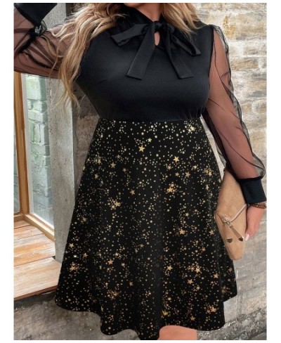 L-4XL Plus Size Mesh Sleeve Midi Dress Women Curvy Summer 2023 Star Floral Print Clothing A Line Bow Knot Elegant Party Dress...