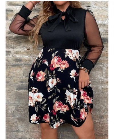 L-4XL Plus Size Mesh Sleeve Midi Dress Women Curvy Summer 2023 Star Floral Print Clothing A Line Bow Knot Elegant Party Dress...